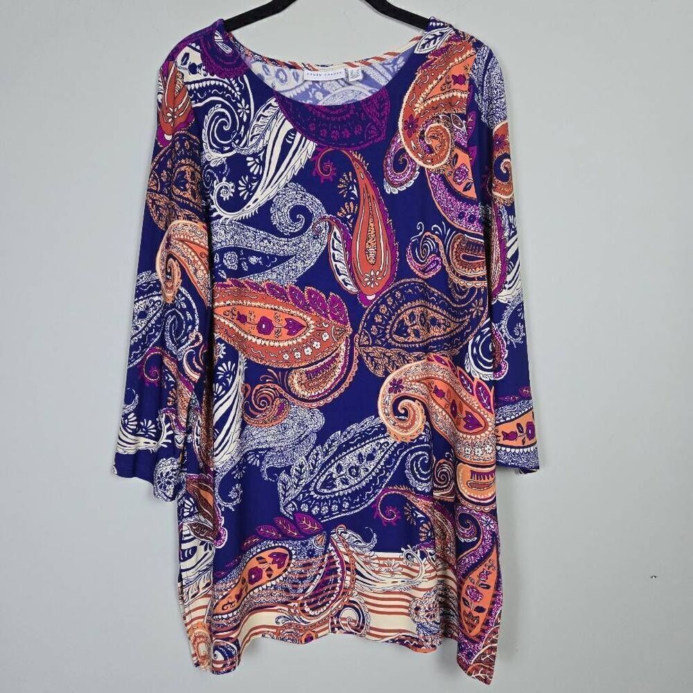 Susan Graver Womens Liquid Knit Paisley Tunic Top Large 3/4 Sleeve Vibrant Artsy